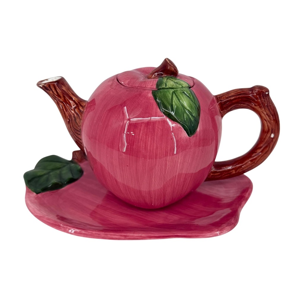 Cracker Barrel Vintage 1996 Apple Teapot and Tray Set Red Ceramic Decor